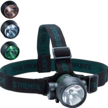 Streamlight Trident with (2) White and (1) Green LED with alkaline batteries. Rubber & Elastic straps. Green Streamlight